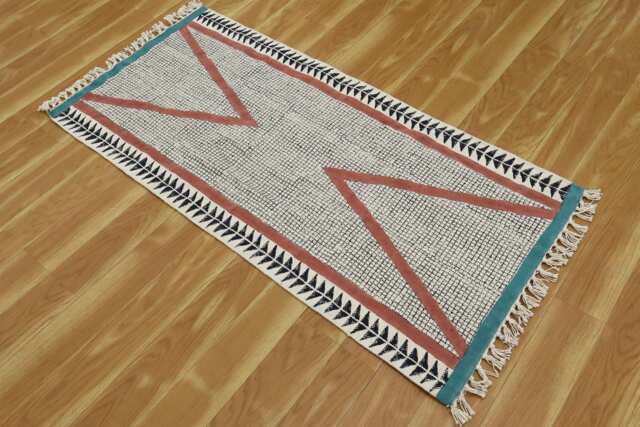 Hand Block Printed Cotton Rug Runner, Bohemian Geometric Hallway - image 1
