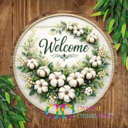 Cotton Wreath Welcome Sign, Farmhouse Door Hanger, Rustic Floral Porch Decor, Country Home Wall Art , Rustic Floral Front Door Sign - thumbnail 1