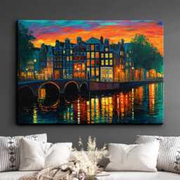 Vibrant Amsterdam Netherlands Canal Landmark Oil Painting Watercolor Wall Art, Framed Canvas Poster Print, Home/Office Room Decor, Gifts - thumbnail 1