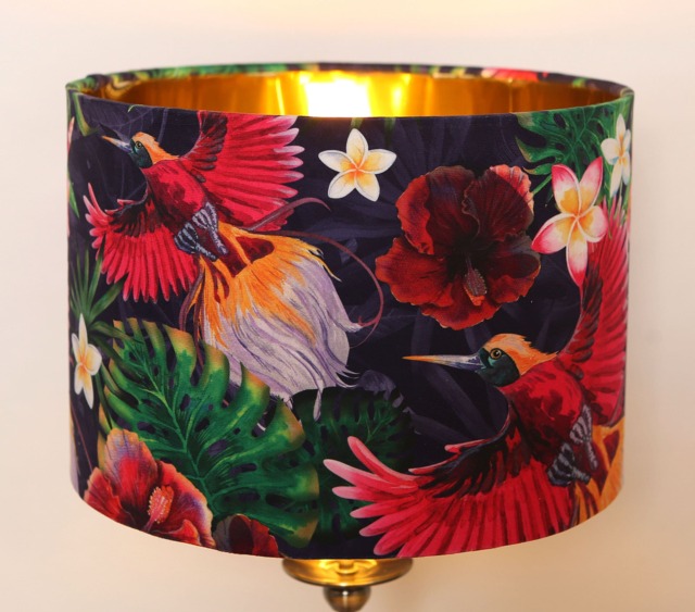 Handmade Velvet Lampshade, Paradise Birds, Colourful, Vibrant, Tropical, Gold Mirror, Modern & Contemporary, Jungle Themed - image 1