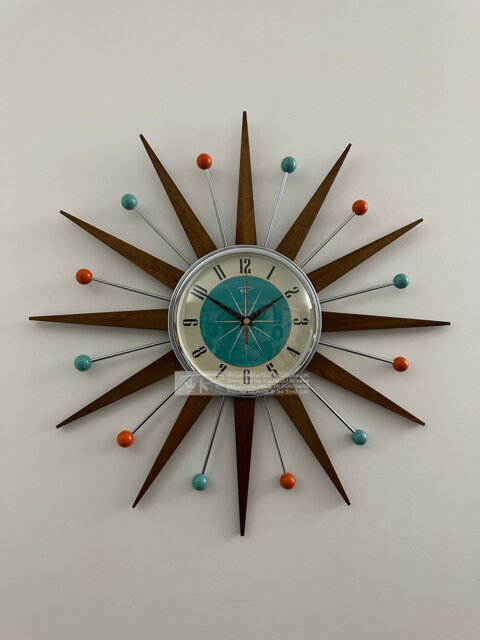 Handmade Mid Century Starburst Clock Teak Rays, Turquoise Dial, 21 - image 1