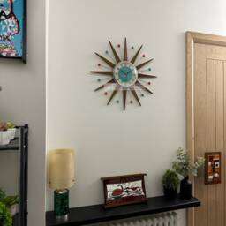 Handmade Mid Century Starburst Clock Teak Rays, Turquoise Dial, 21 - thumbnail 4