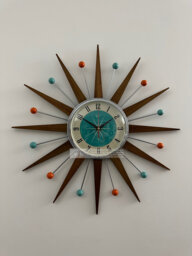 Handmade Mid Century Starburst Clock Teak Rays, Turquoise Dial, 21