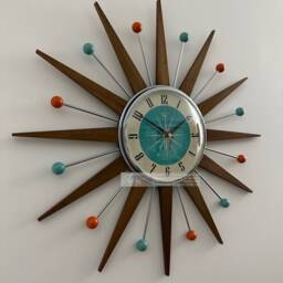 Handmade Mid Century Starburst Clock Teak Rays, Turquoise Dial, 21 - thumbnail 2