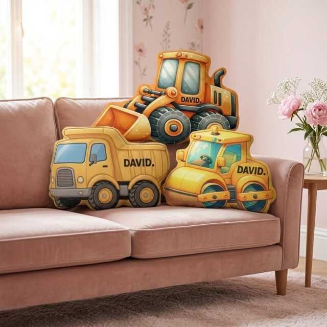 Personalized Excavator Pillow, Custom Face Shaped Names Bulldozer Toddler Nursery Decor, Gift For Boys - image 1
