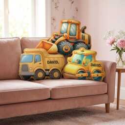 Personalized Excavator Pillow, Custom Face Shaped Names Bulldozer Toddler Nursery Decor, Gift For Boys - thumbnail 1