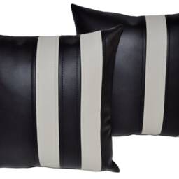 "2 Black & White Twin Stripe Faux Leather Cushion Covers 16"" 18"" 20" - thumbnail 2