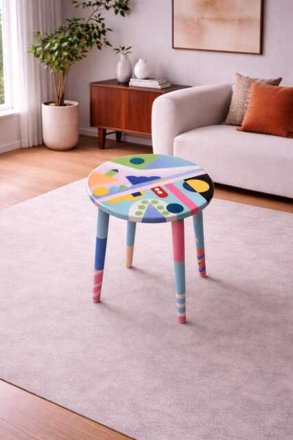 Handmade Round Resin Side Table, Geometric Wood Abstract Epoxy Art Coffee Table - image 1