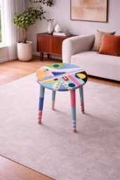 Handmade Round Resin Side Table, Geometric Wood Abstract Epoxy Art Coffee Table