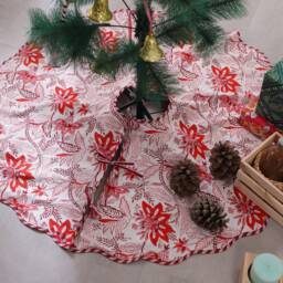 Red Floral Indian Block Printed Christmas Piping Scallops Tree Skirt, 36 Inch Cotton Farmhouse Boho Xmas Mat For Holiday