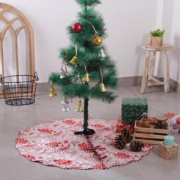 Red Floral Indian Block Printed Christmas Piping Scallops Tree Skirt, 36 Inch Cotton Farmhouse Boho Xmas Mat For Holiday - thumbnail 3