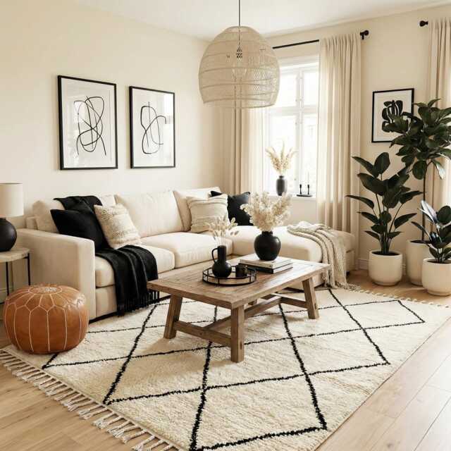 Hand-Knotted Beni Ourain Wool Rug - Moroccan Diamond Pattern, Cream Ivory Black - image 1