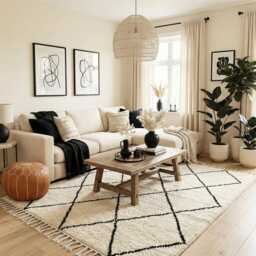 Hand-Knotted Beni Ourain Wool Rug - Moroccan Diamond Pattern, Cream Ivory Black - thumbnail 1