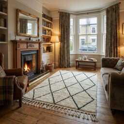 Hand-Knotted Beni Ourain Wool Rug - Moroccan Diamond Pattern, Cream Ivory Black - thumbnail 3