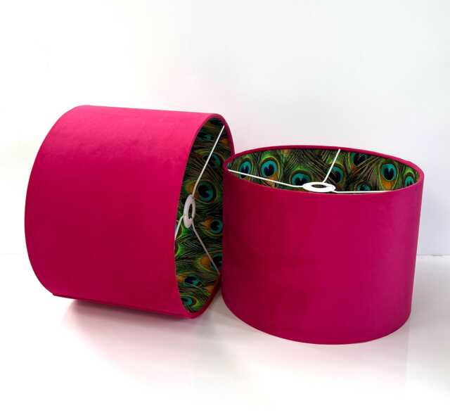 New Luxury Hq Double Sided Hot Pink Velvet & Peacock Feathers Combination Lamp Shade Pendant Light - image 1