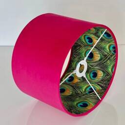 New Luxury Hq Double Sided Hot Pink Velvet & Peacock Feathers Combination Lamp Shade Pendant Light - thumbnail 2