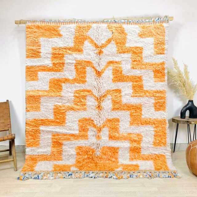 Moroccan Orange Berber Rug, Handwoven Wool Shag Rug With Geometric Maze, Authentic Beni Ourain Style Carpet, Large 9x12 Area - image 1