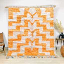 Moroccan Orange Berber Rug, Handwoven Wool Shag Rug With Geometric Maze, Authentic Beni Ourain Style Carpet, Large 9x12 Area - thumbnail 1