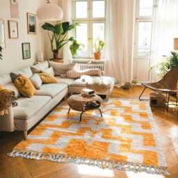 Moroccan Orange Berber Rug, Handwoven Wool Shag Rug With Geometric Maze, Authentic Beni Ourain Style Carpet, Large 9x12 Area - thumbnail 2