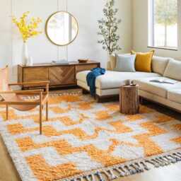 Moroccan Orange Berber Rug, Handwoven Wool Shag Rug With Geometric Maze, Authentic Beni Ourain Style Carpet, Large 9x12 Area - thumbnail 3