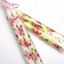 Hand-Painted Pink Rose Taper Candles - Shabby Chic Floral Decor Set Of 2 - thumbnail 2