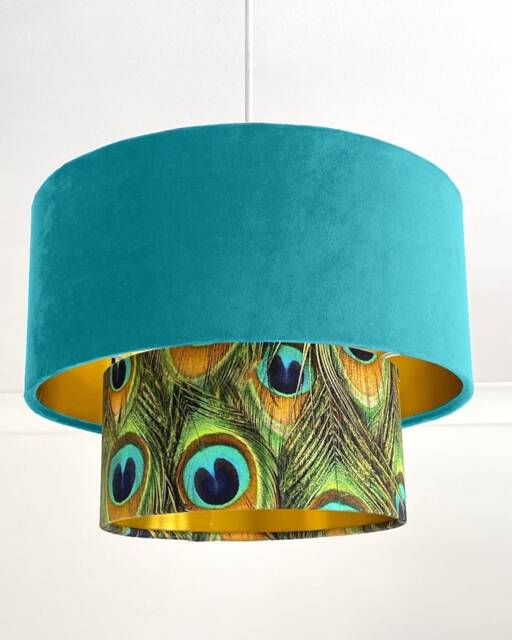 New Luxurious Handmade By Order Turquoise Aqua Velvet & Peacock Feathers Print Two Tier Pendant Lamp Light Shade With Metallic Lining - image 1