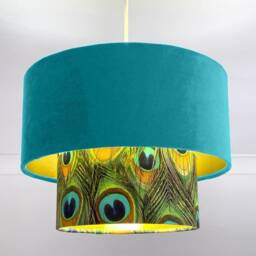 New Luxurious Handmade By Order Turquoise Aqua Velvet & Peacock Feathers Print Two Tier Pendant Lamp Light Shade With Metallic Lining - thumbnail 2