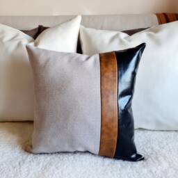 Color Block Faux Leather Pillow Cover, Beige Linen, 16x16 - thumbnail 3