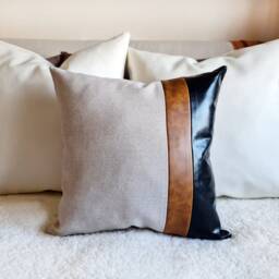 Color Block Faux Leather Pillow Cover, Beige Linen, 16x16 - thumbnail 2