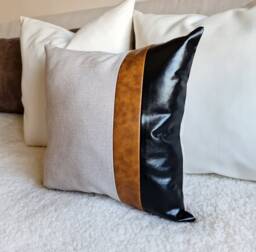 Color Block Faux Leather Pillow Cover, Beige Linen, 16x16 - thumbnail 1