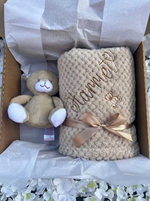 Personalised Baby Blanket Gift Set Box Teddy Bear Soft Toy Embroidered Name Baby Shower
