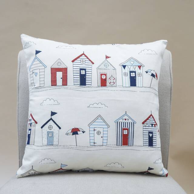 Beach Huts Blue Nautical Seaside Cushion Cover. Red & Blue Seaside Coastal Beach Huts. 17 - image 1