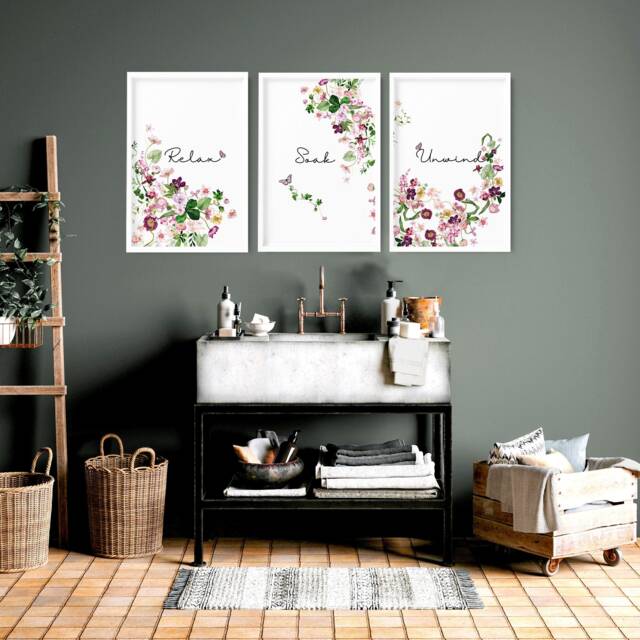 Trendy Shabby Chic Framed Set Of 3 Wall Art Prints For Bathroom Home Decor, Botanical Floral Toilet & Spa Decor - image 1