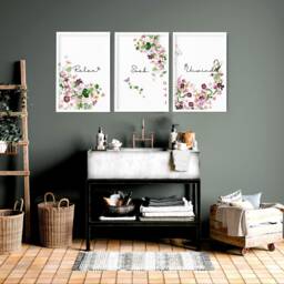 Trendy Shabby Chic Framed Set Of 3 Wall Art Prints For Bathroom Home Decor, Botanical Floral Toilet & Spa Decor
