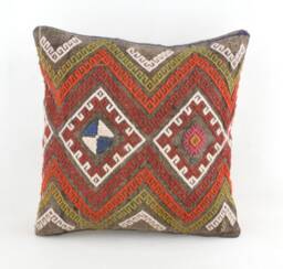 "Kilim Pillow, Wool Kilim Cousin From Anatolia, 40x40 cm, 16""x16" - thumbnail 1