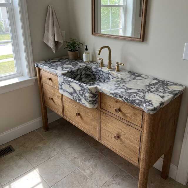 Solid Oak Floating Bathroom Vanity - Handmade White Custom Size Wall Mounted Cabinet Modern - image 1