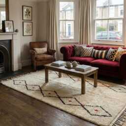 Minimalist Beni Ourain Moroccan Rug, Cream Charcoal Diamond Lattice, Wool Blend - thumbnail 3