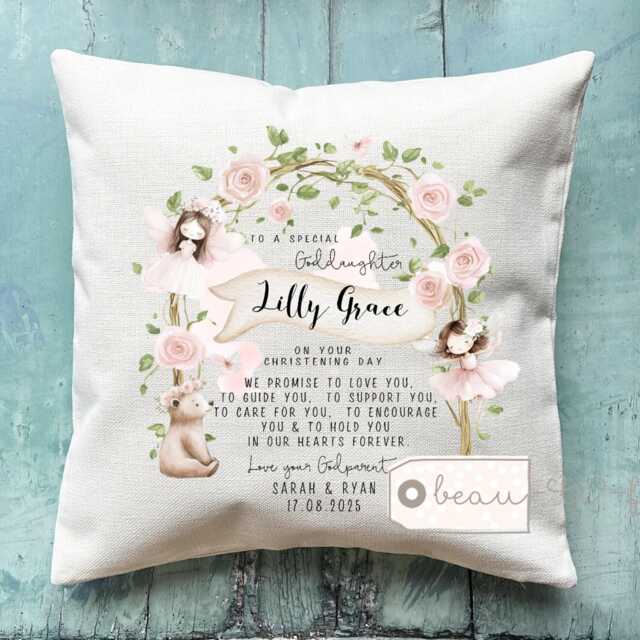 Personalised Christening Baptism Gift Promise To Godchild Godson Goddaughter Teddy Bear Balloon Linen Style Cushion Godparent Godmother - image 1