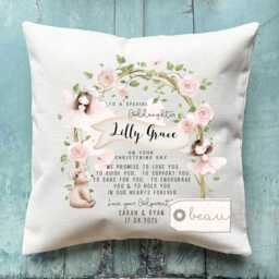 Personalised Christening Baptism Gift Promise To Godchild Godson Goddaughter Teddy Bear Balloon Linen Style Cushion Godparent Godmother - thumbnail 1