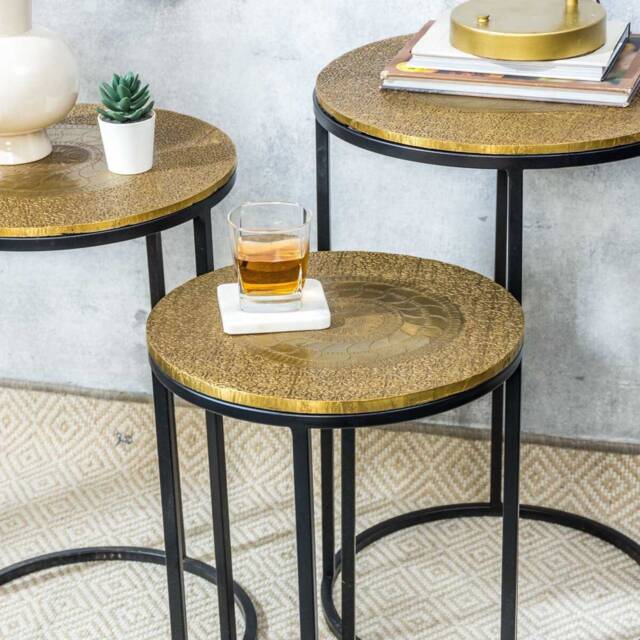 "Vintage Style Side Table With Embossed Brass Top Floral Design " - image 1