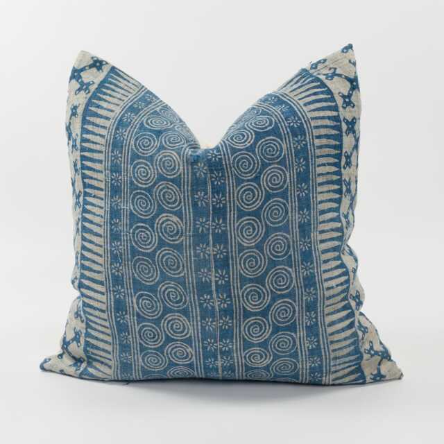 Vintage Hmong Indigo Hemp Pillow Cover, White Boho Batik, 20x20 - image 1