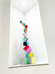 Colorful Wood Cube Sculpture, Modern 3D Art - thumbnail 3