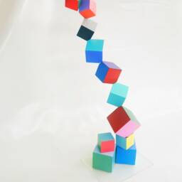 Colorful Wood Cube Sculpture, Modern 3D Art - thumbnail 2