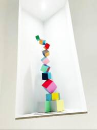 Colorful Wood Cube Sculpture, Modern 3D Art