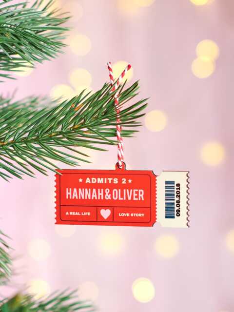 Personalised Couples Retro Ticket Christmas Decoration, Custom Love-Themed Ornament, Romantic Decor - image 1