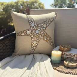 Beige Cotton Linen Beach Style, 24x24/26x26 Mother Of Pearl & Jute Starfish Sea Creature Euro Sham - Coated - thumbnail 2