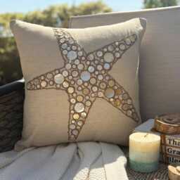 Beige Cotton Linen Beach Style, 24x24/26x26 Mother Of Pearl & Jute Starfish Sea Creature Euro Sham - Coated