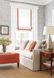 Custom Relaxed Roman Shade, White Fabric With Tangerine Border
