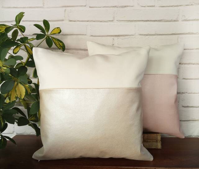 Pearly Faux Leather Pillow Cover - Pink Or Beige, Cotton Back - 16x16'' - image 1