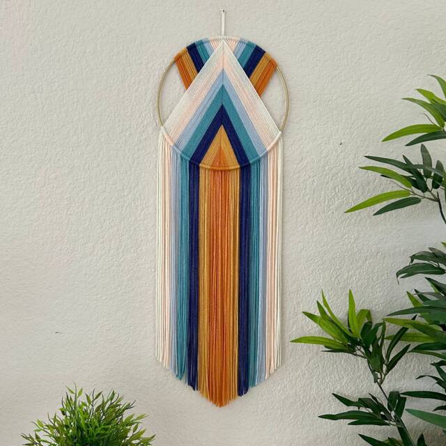 Orange & Teal Yarn Wall Hanging, Retro Macrame Art, Blue Boho Tapestry, 1970's Decor, 70's Handmade Hangings - image 1